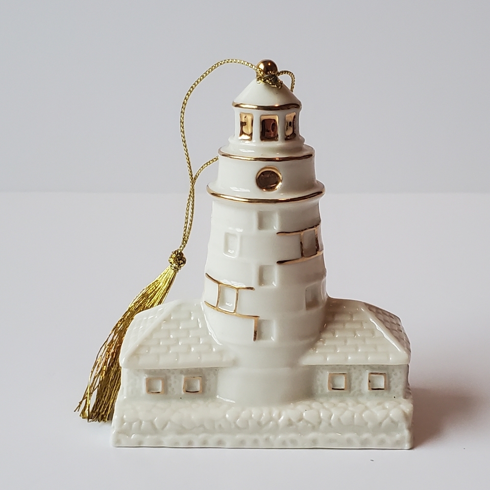 Mikasa Seaside Magic Porcelain Lighthouse Christmas Ornament with Gold Trim